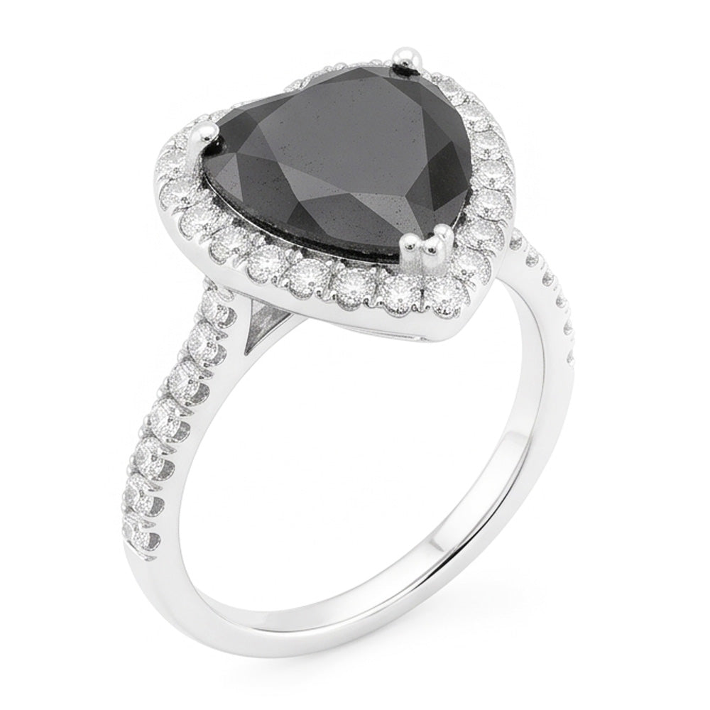Antragsring mit schwarzem Diamanten 6 Karat natürliches Herz Halo 14 Karat Weißgold