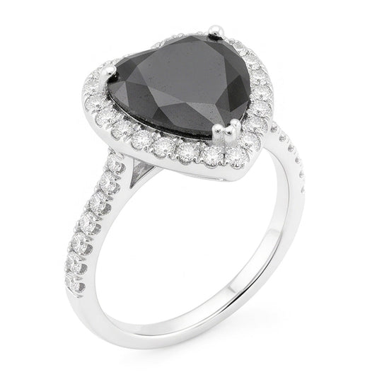 Antragsring mit schwarzem Diamanten 6 Karat natürliches Herz Halo 14 Karat Weißgold