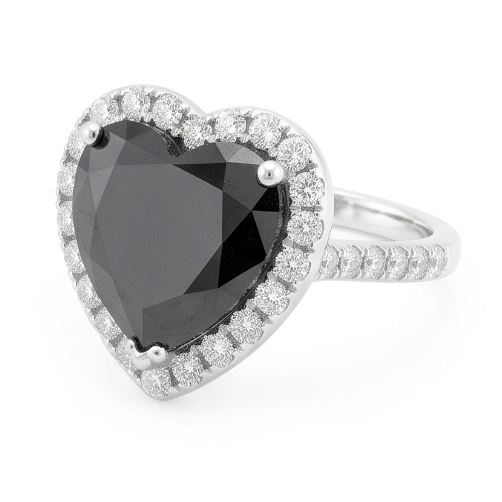 Antragsring mit schwarzem Diamanten 6 Karat natürliches Herz Halo 14 Karat Weißgold
