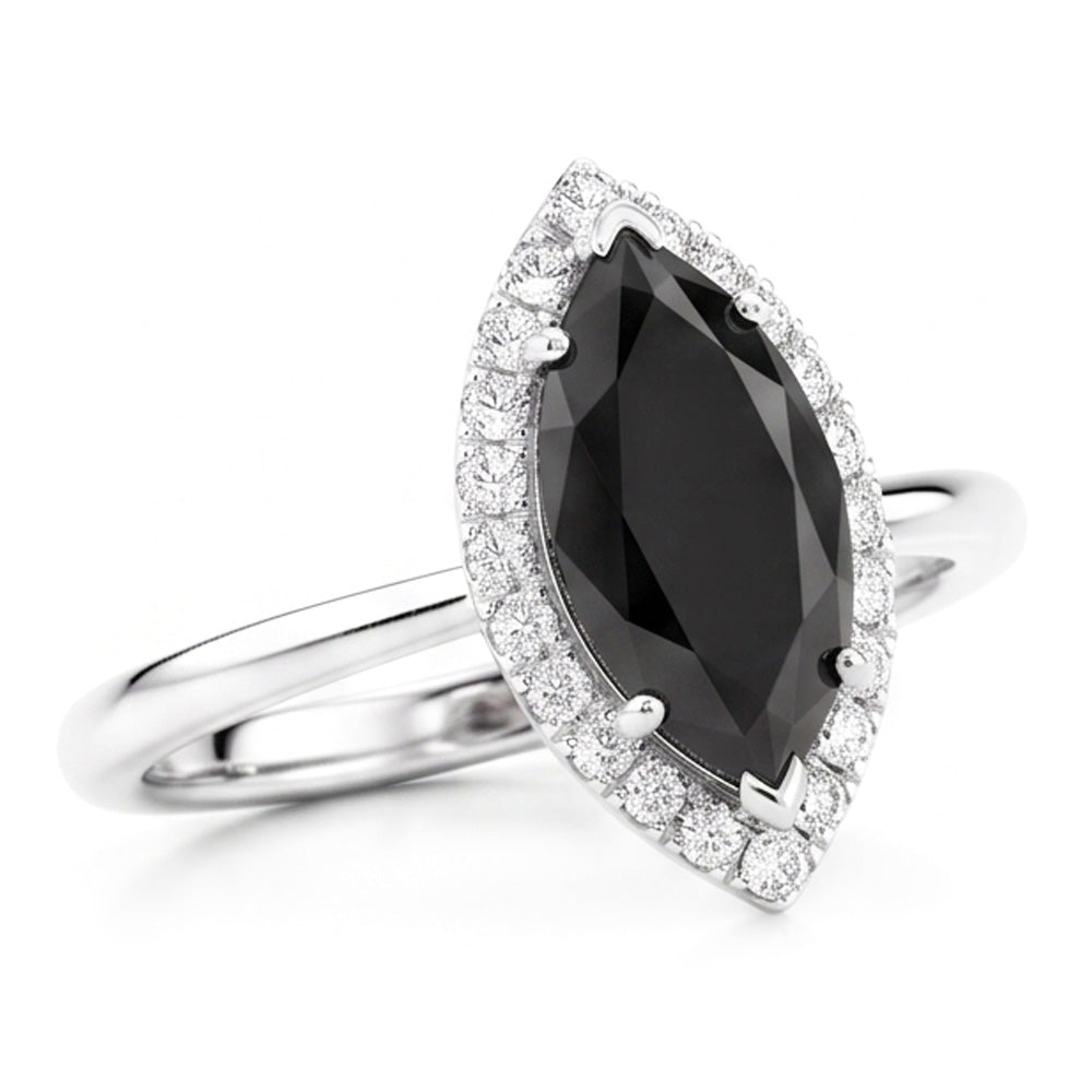 Schwarzer Diamantring 11 Karat Echter Marquise Halo 14 Karat Weißgold