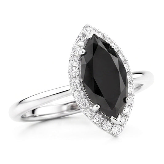 Schwarzer Diamantring 11 Karat Echter Marquise Halo 14 Karat Weißgold