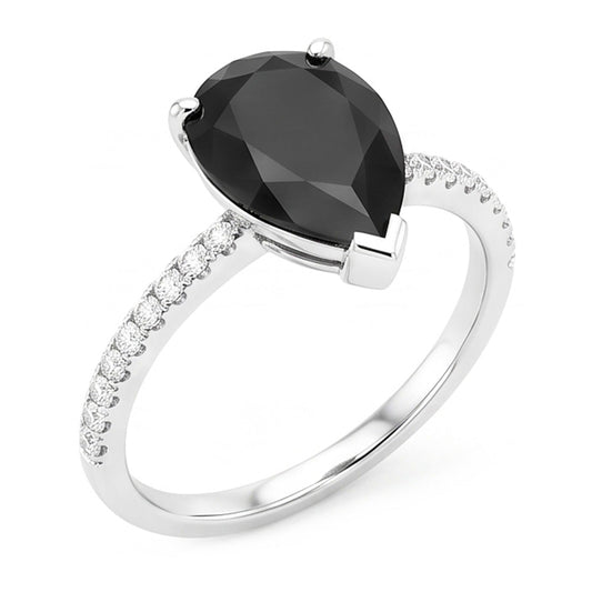 Schwarzer Diamantring 5 Karat Natürlicher Tropfenschliff Pavé-Solitär 14 Karat Weißgold