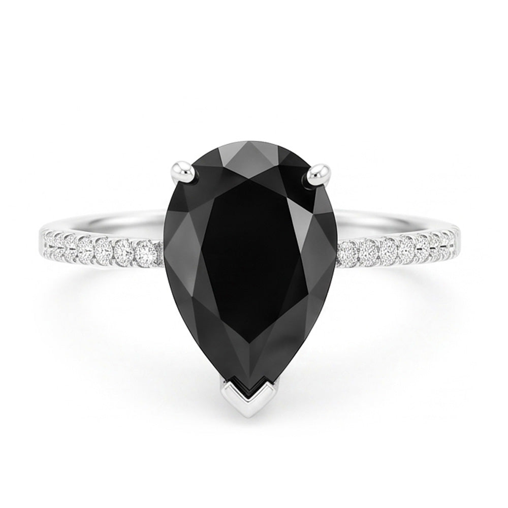 Schwarzer Diamantring 5 Karat Natürlicher Tropfenschliff Pavé-Solitär 14 Karat Weißgold