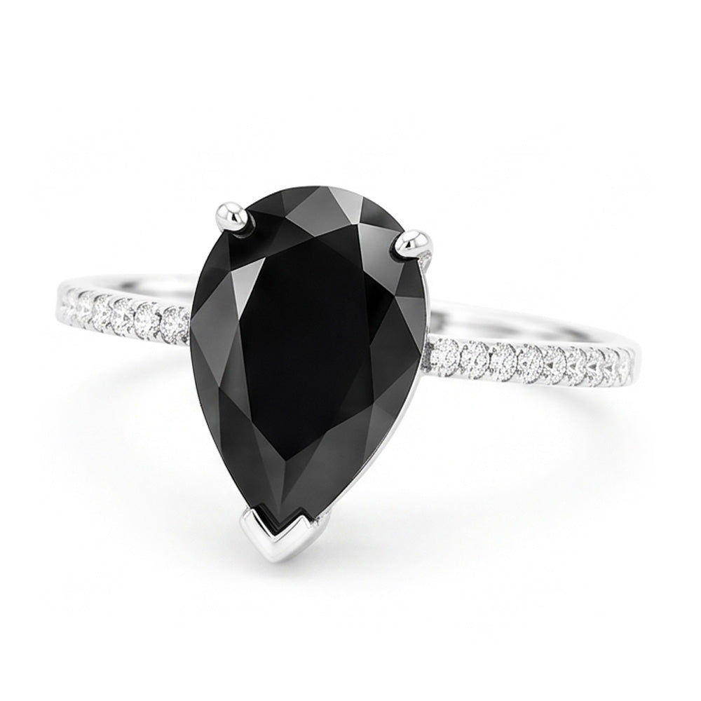Schwarzer Diamantring 5 Karat Natürlicher Tropfenschliff Pavé-Solitär 14 Karat Weißgold