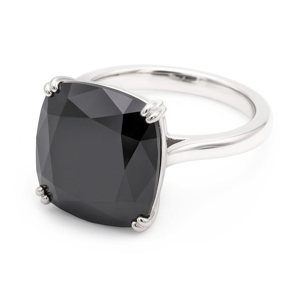 Schwarzer Diamantring 6 Karat Natürlicher Kissen-Solitär 14 Karat Weißgold