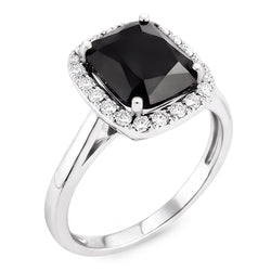 Schwarzer Verlobungsring 10 Karat echter Diamant im Radiantschliff Halo 14 Karat Weißgold