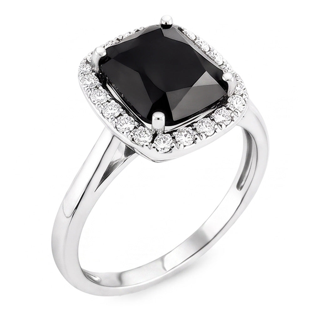 Schwarzer Verlobungsring 10 Karat echter Diamant im Radiantschliff Halo 14 Karat Weißgold