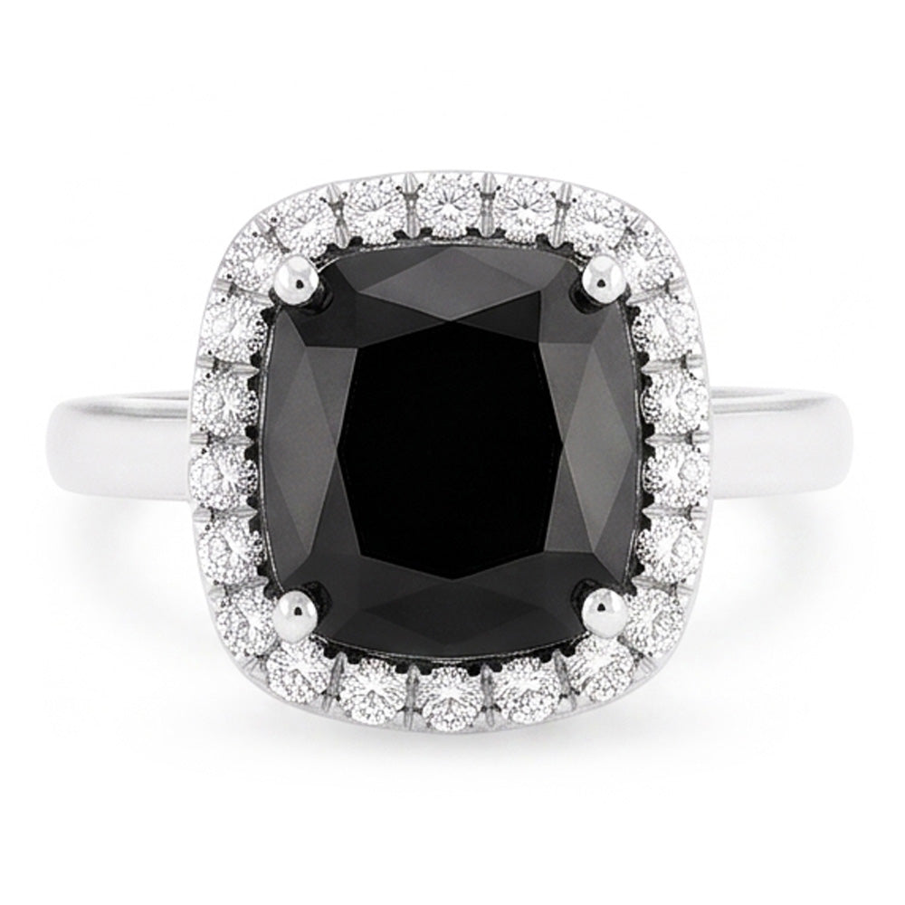 Schwarzer Verlobungsring 10 Karat echter Diamant im Radiantschliff Halo 14 Karat Weißgold