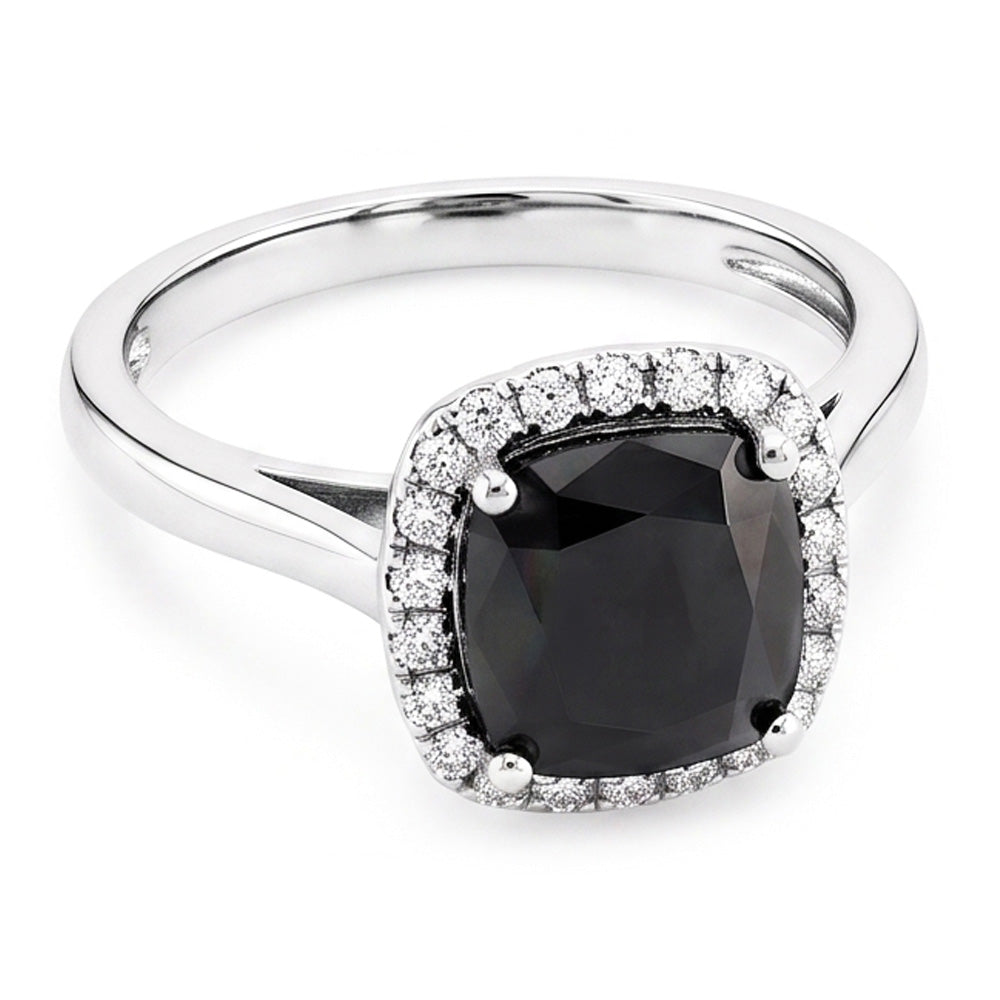 Schwarzer Verlobungsring 10 Karat echter Diamant im Radiantschliff Halo 14 Karat Weißgold