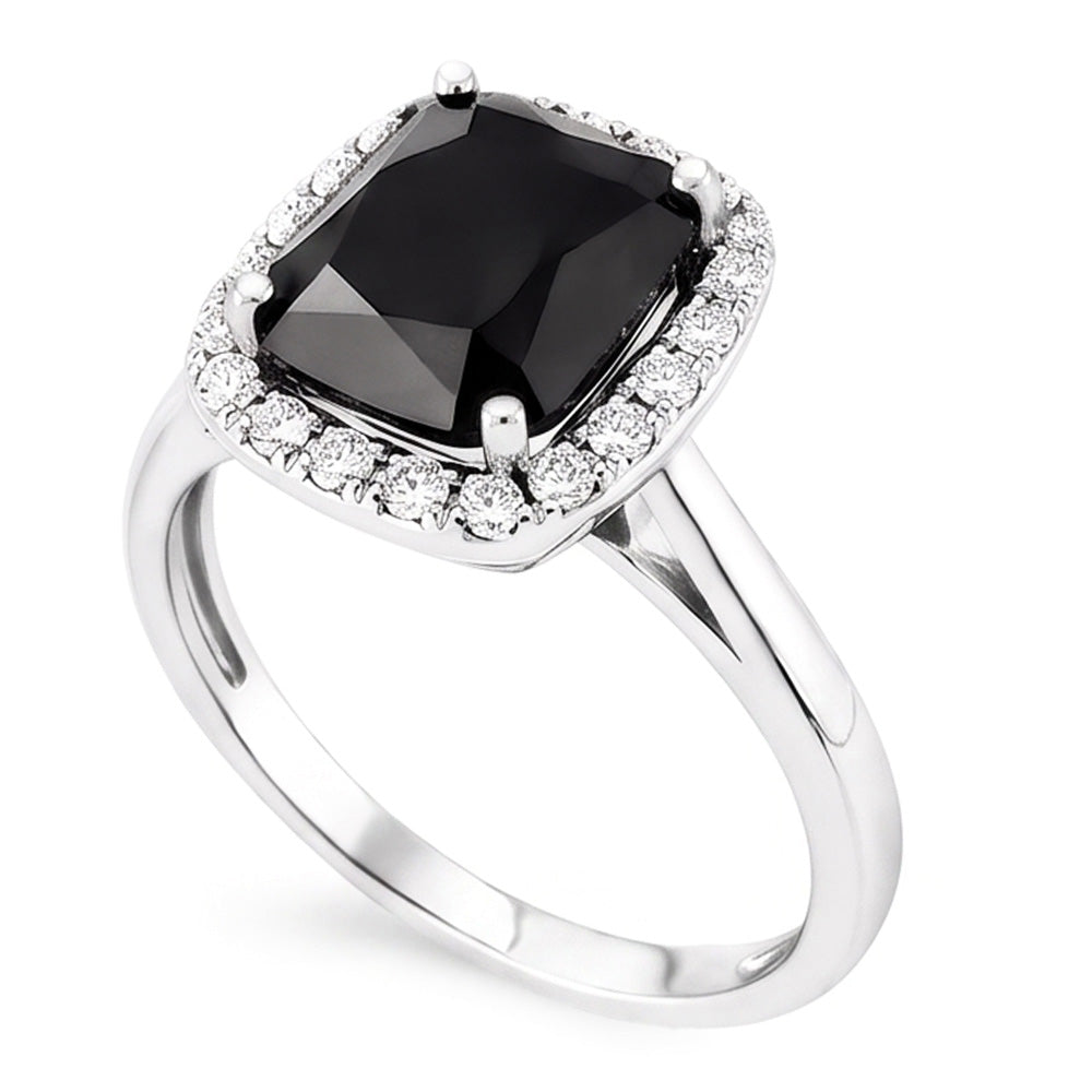Schwarzer Verlobungsring 10 Karat echter Diamant im Radiantschliff Halo 14 Karat Weißgold