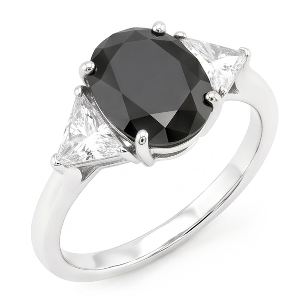 Schwarzer Verlobungsring für Damen 3,6 Karat natürlicher ovaler Diamant Trilliant Dreistein 14 Karat Weißgold