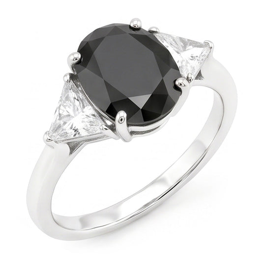 Schwarzer Verlobungsring für Damen 3,6 Karat natürlicher ovaler Diamant Trilliant Dreistein 14 Karat Weißgold