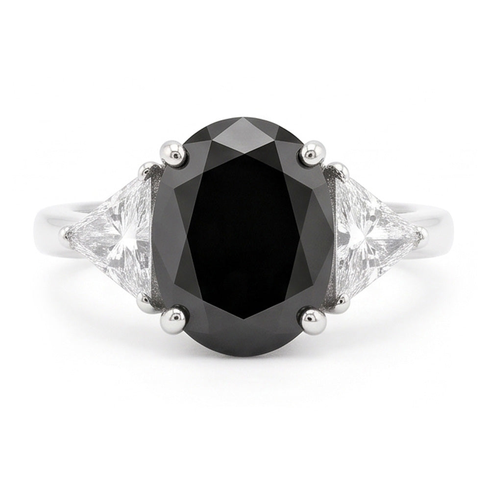 Schwarzer Verlobungsring für Damen 3,6 Karat natürlicher ovaler Diamant Trilliant Dreistein 14 Karat Weißgold