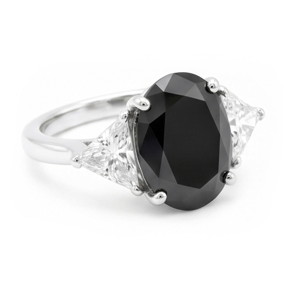 Schwarzer Verlobungsring für Damen 3,6 Karat natürlicher ovaler Diamant Trilliant Dreistein 14 Karat Weißgold