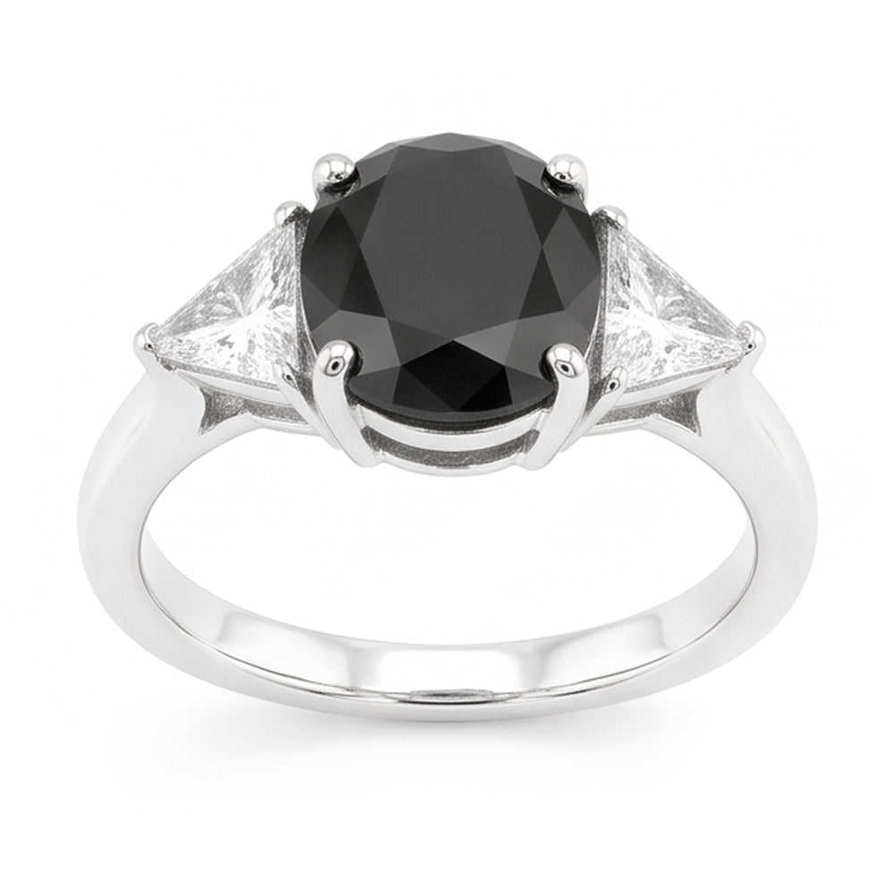 Schwarzer Verlobungsring für Damen 3,6 Karat natürlicher ovaler Diamant Trilliant Dreistein 14 Karat Weißgold
