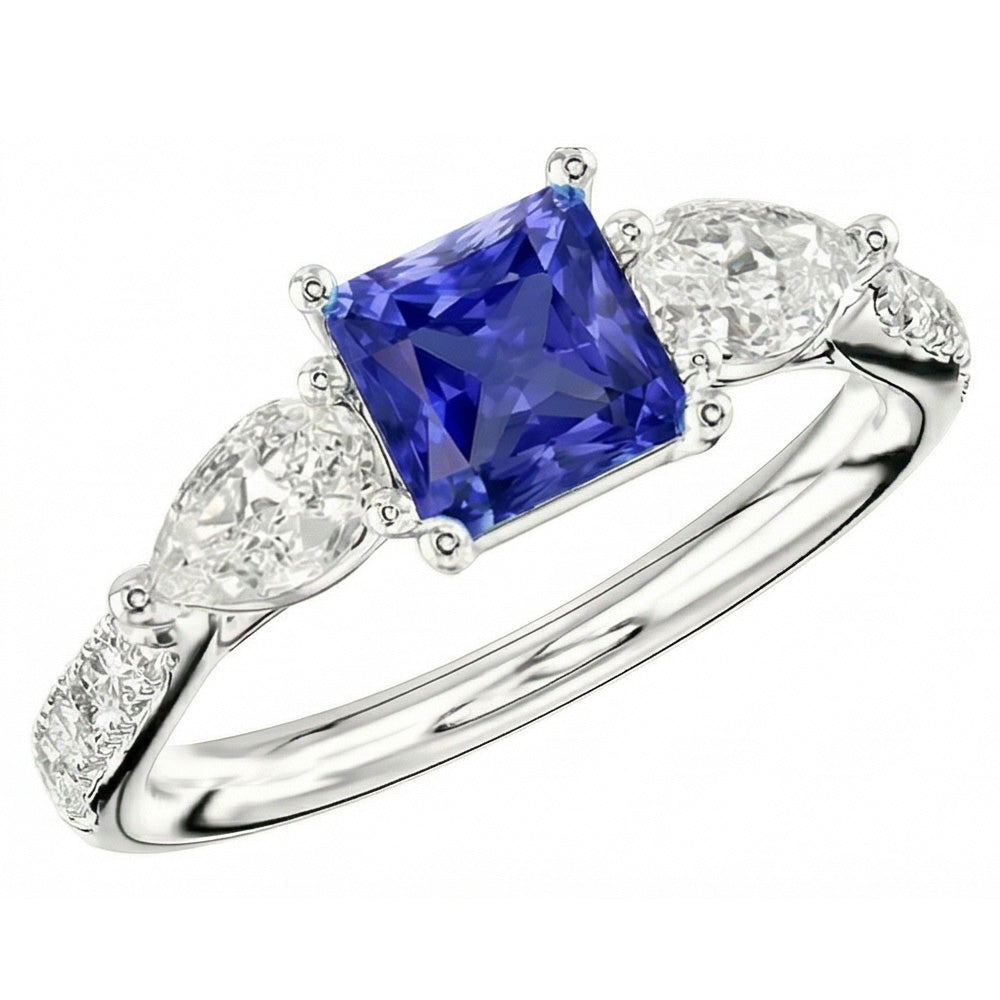 Blauer Saphir Edelstein Radiant Cut Ring Birne & Runde Natürlicher Diamant ( nicht im Labor gezüchtet )en 3 Karat