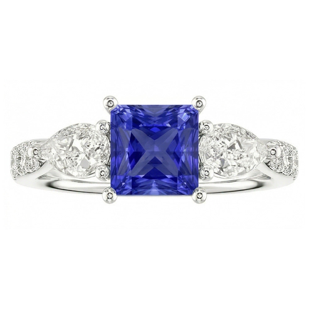 Blauer Saphir Edelstein Radiant Cut Ring Birne & Runde Natürlicher Diamant ( nicht im Labor gezüchtet )en 3 Karat