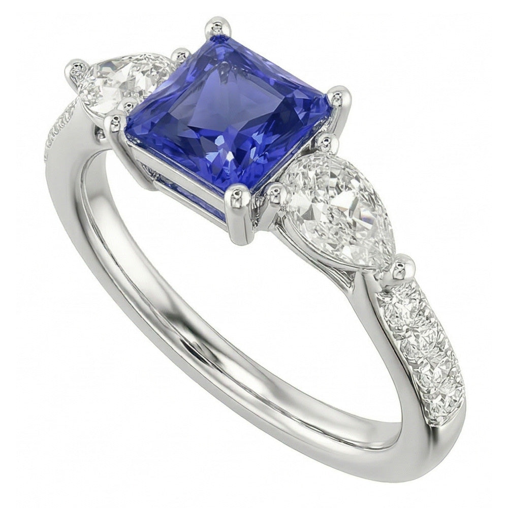 Blauer Saphir Edelstein Radiant Cut Ring Birne & Runde Natürlicher Diamant ( nicht im Labor gezüchtet )en 3 Karat
