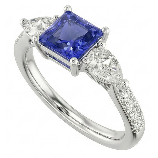 Blauer Saphir Edelstein Radiant Cut Ring Birne & Runde Natürlicher Diamant ( nicht im Labor gezüchtet )en 3 Karat