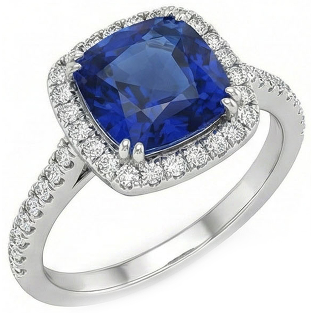 Blauer Saphir-Halo-Diamant-Hochzeitsring im Kissenschliff 3,5 Karat Gold 14K