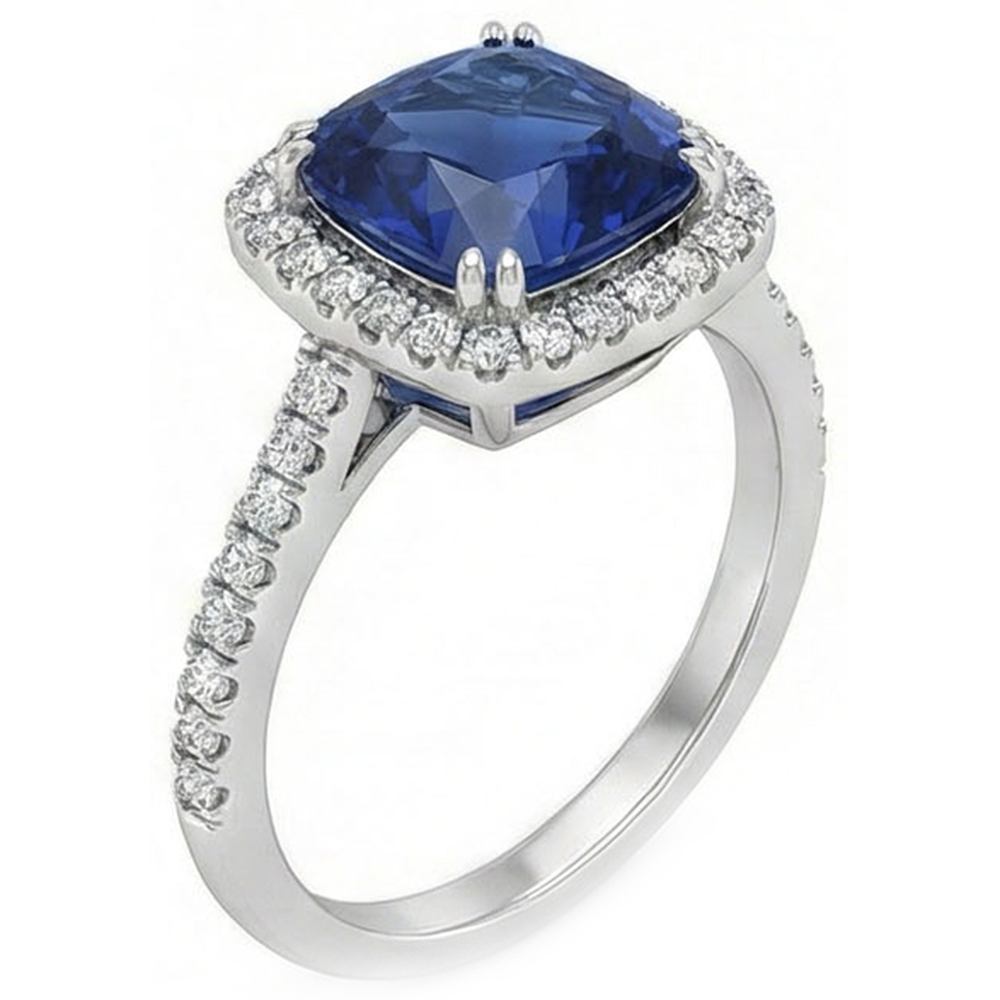 Blauer Saphir-Halo-Diamant-Hochzeitsring im Kissenschliff 3,5 Karat Gold 14K