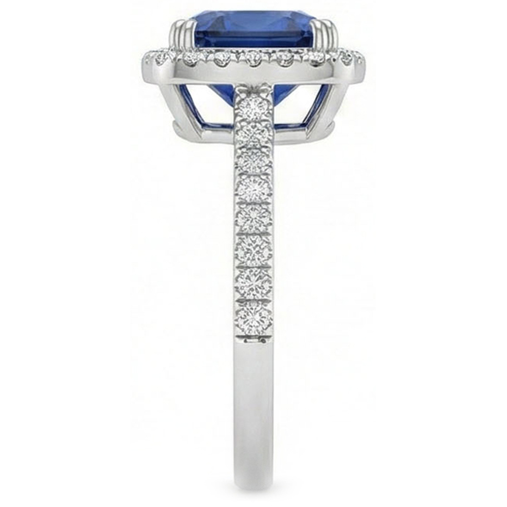 Blauer Saphir-Halo-Diamant-Hochzeitsring im Kissenschliff 3,5 Karat Gold 14K