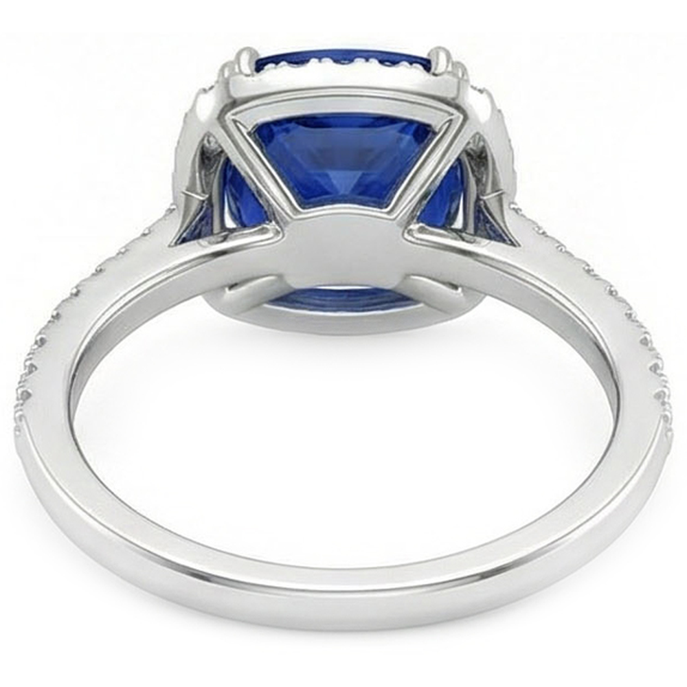 Blauer Saphir-Halo-Diamant-Hochzeitsring im Kissenschliff 3,5 Karat Gold 14K