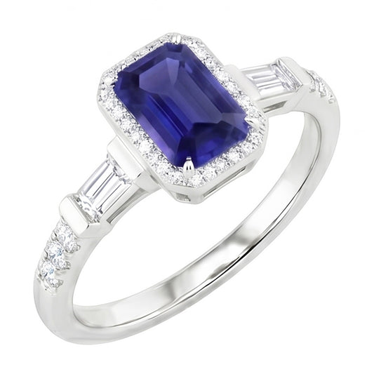 Blauer Saphir Halo Ring mit Baguette & runden Natürlicher Diamant ( nicht im Labor gezüchtet )en 1,50 Karat