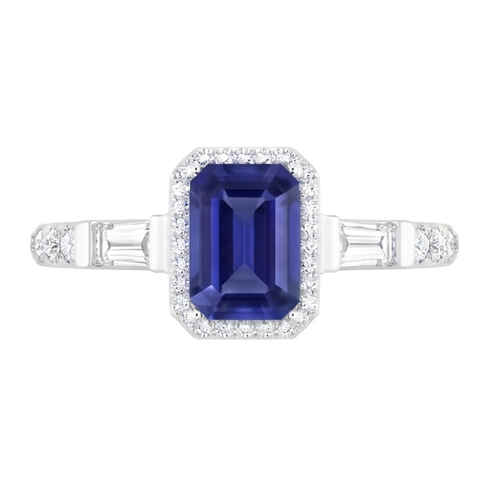 Blauer Saphir Halo Ring mit Baguette & runden Natürlicher Diamant ( nicht im Labor gezüchtet )en 1,50 Karat