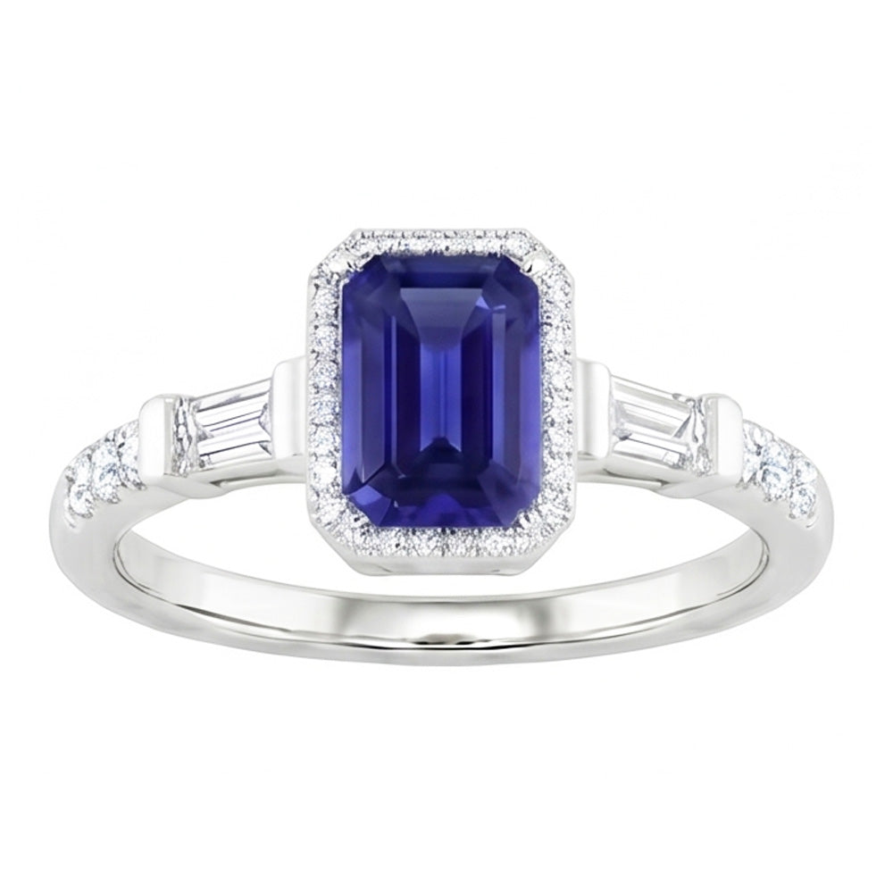 Blauer Saphir Halo Ring mit Baguette & runden Natürlicher Diamant ( nicht im Labor gezüchtet )en 1,50 Karat
