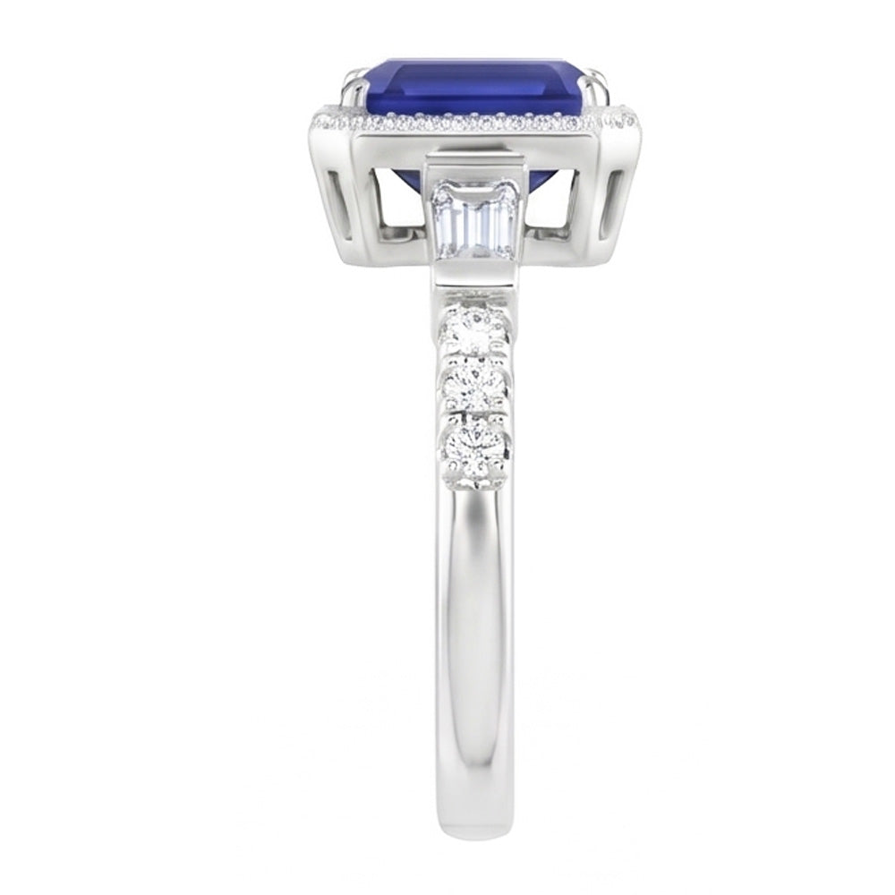 Blauer Saphir Halo Ring mit Baguette & runden Natürlicher Diamant ( nicht im Labor gezüchtet )en 1,50 Karat