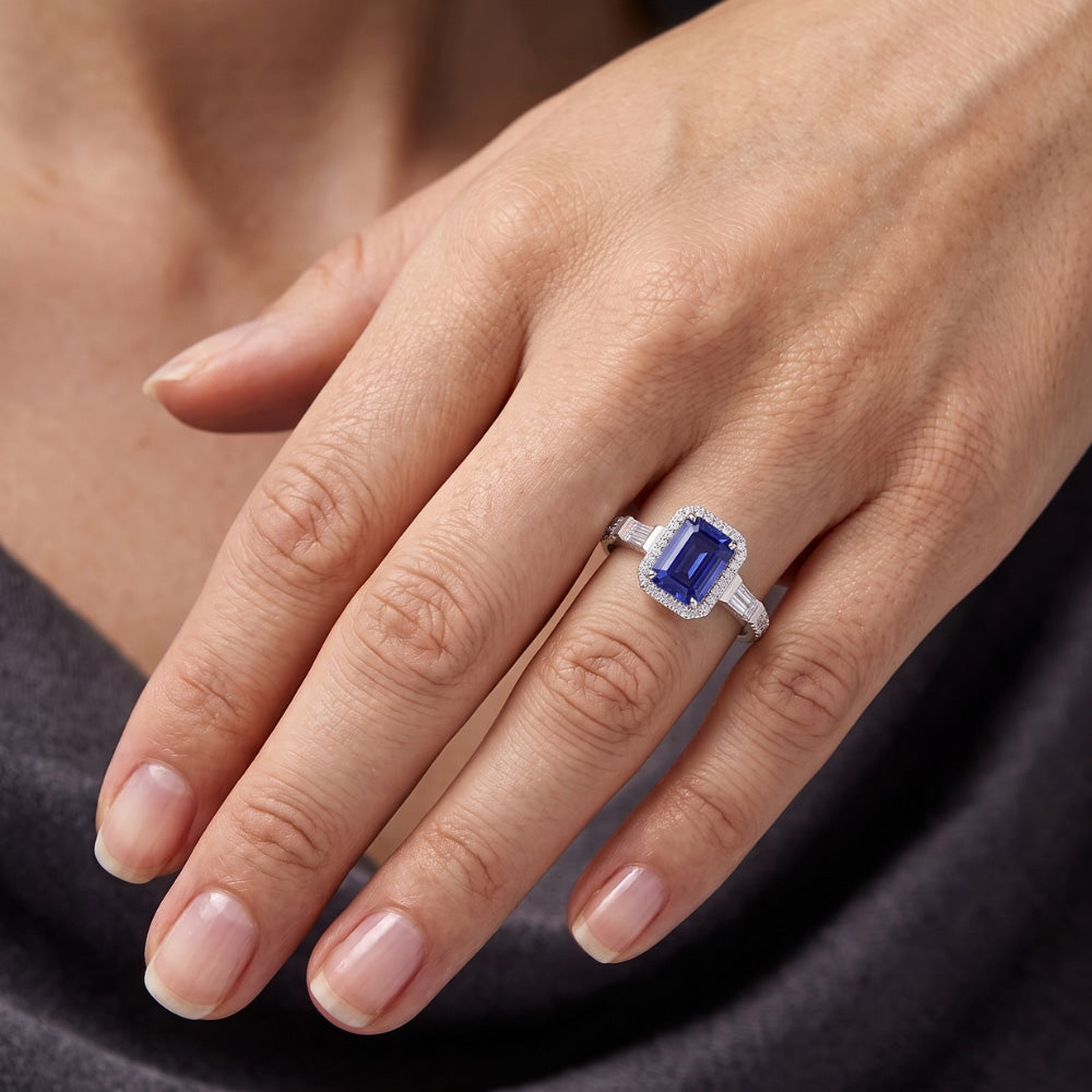 Blauer Saphir Halo Ring mit Baguette & runden Natürlicher Diamant ( nicht im Labor gezüchtet )en 1,50 Karat