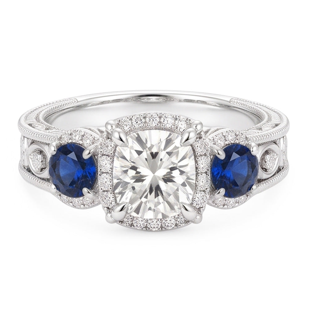 Blauer Saphir-Milligrain-Ring Antik-Muster 3 Karat