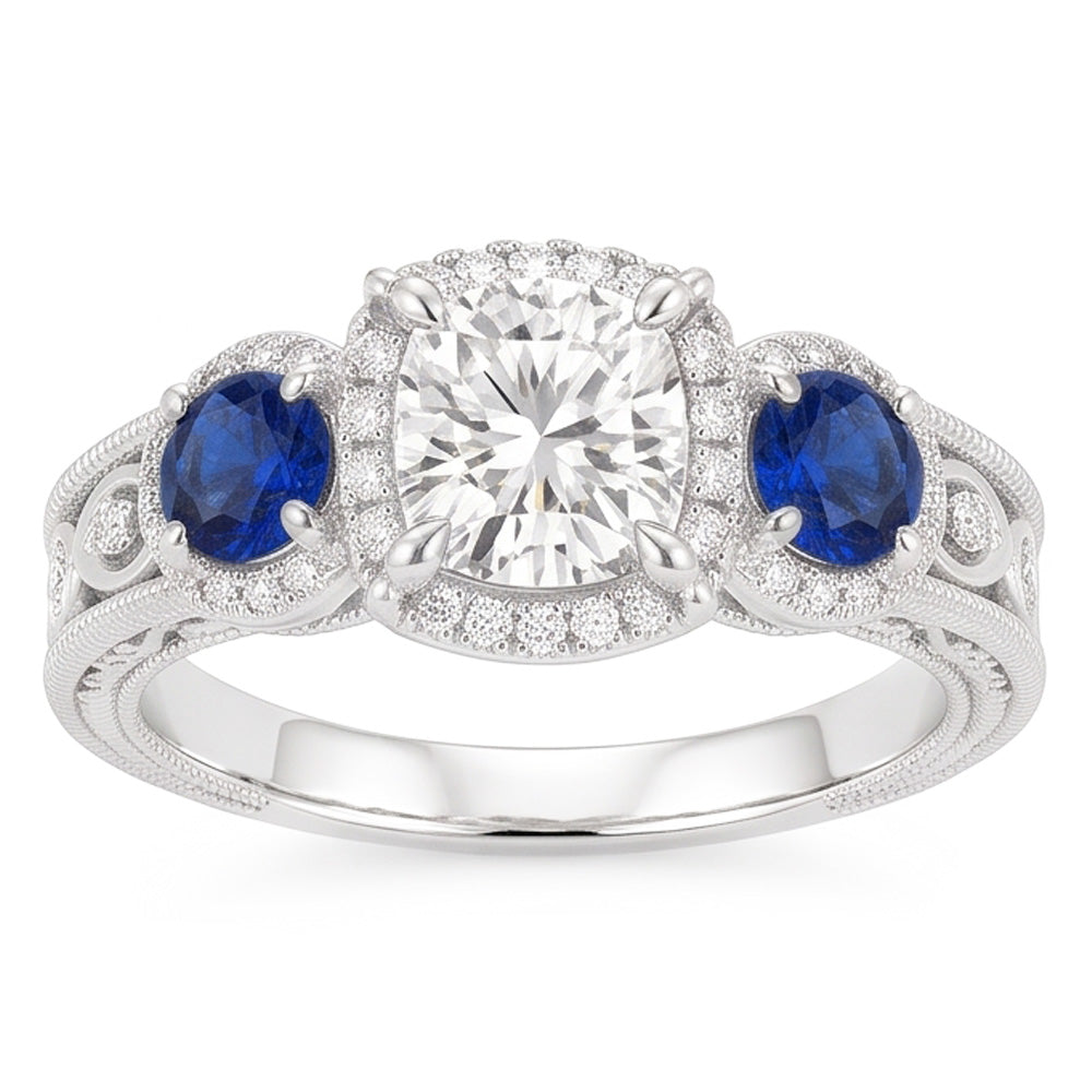 Blauer Saphir-Milligrain-Ring Antik-Muster 3 Karat