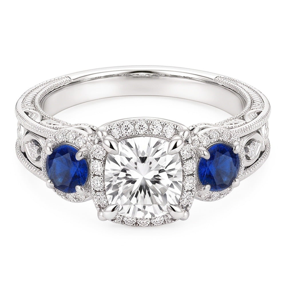 Blauer Saphir-Milligrain-Ring Antik-Muster 3 Karat