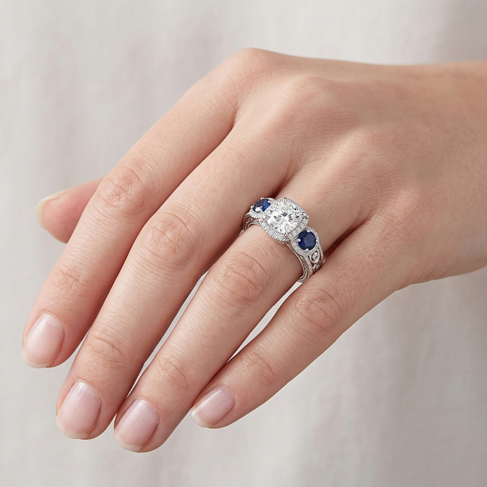 Blauer Saphir-Milligrain-Ring Antik-Muster 3 Karat
