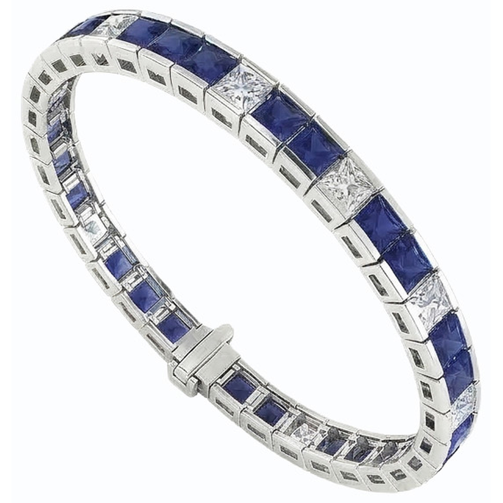 Blauer Saphir Tennisarmband Princess Cut 25 Karat Weißgold 14K