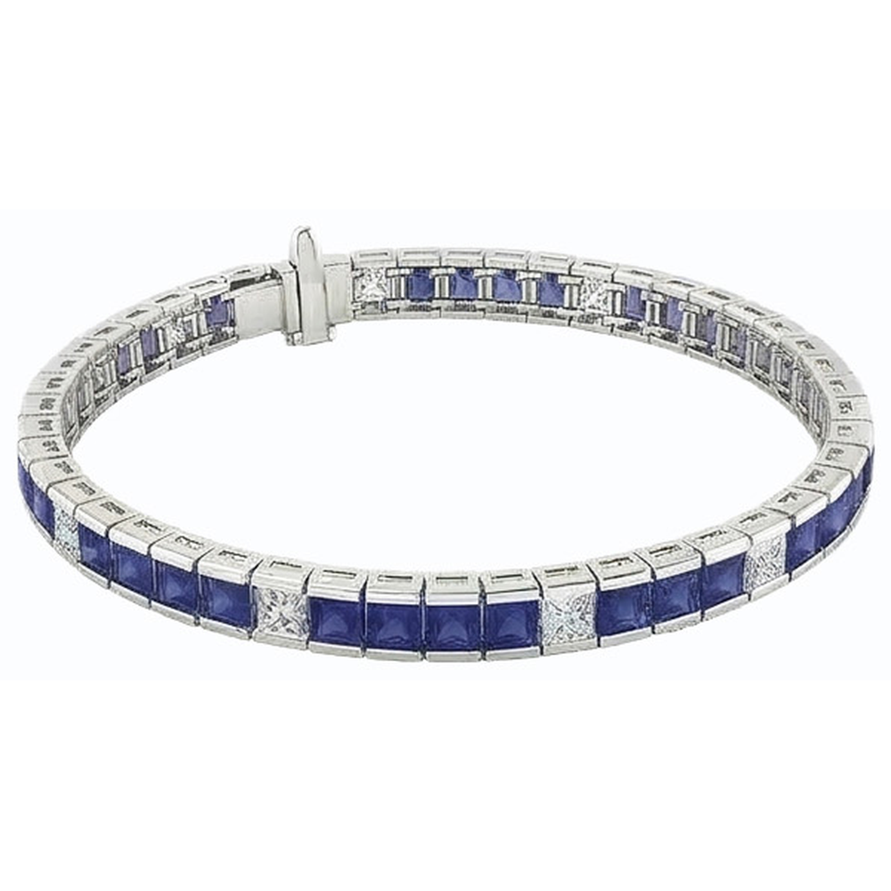 Blauer Saphir Tennisarmband Princess Cut 25 Karat Weißgold 14K