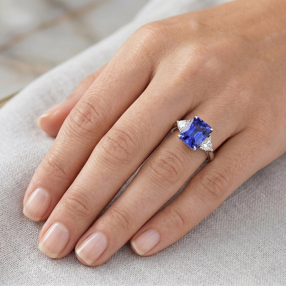 Blauer Saphir Trilliant Natürlicher Diamant ( nicht im Labor gezüchtet ) 3 Steine Ring 3 Karat Gitterfassung
