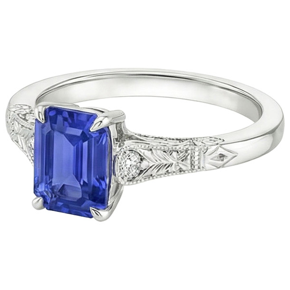 Blauer Saphir & Diamant 3 Steine Ring 3,25 Karat Smaragdschliff