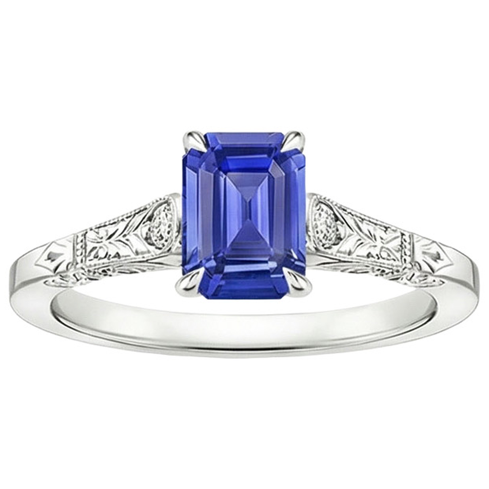 Blauer Saphir & Diamant 3 Steine Ring 3,25 Karat Smaragdschliff
