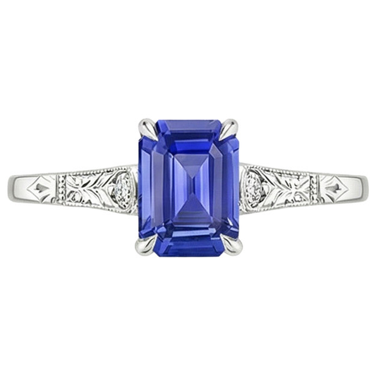 Blauer Saphir & Diamant 3 Steine Ring 3,25 Karat Smaragdschliff