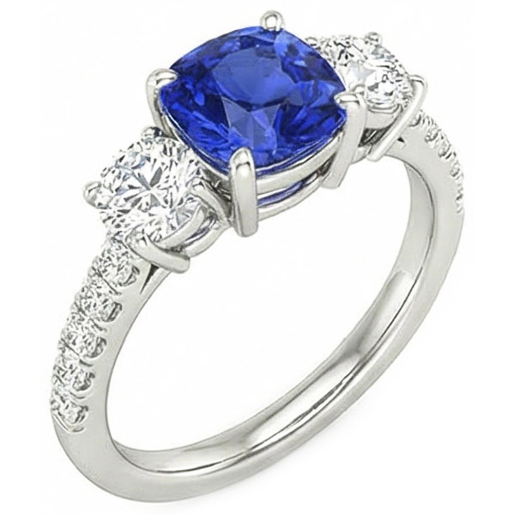 Blauer Saphir & Runder Diamant Ring 3,50 Karat 3 Steine Stil Schmuck
