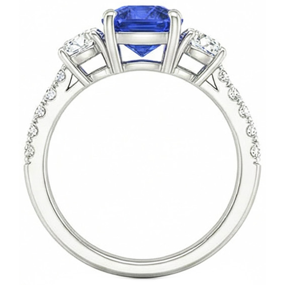 Blauer Saphir & Runder Diamant Ring 3,50 Karat 3 Steine Stil Schmuck