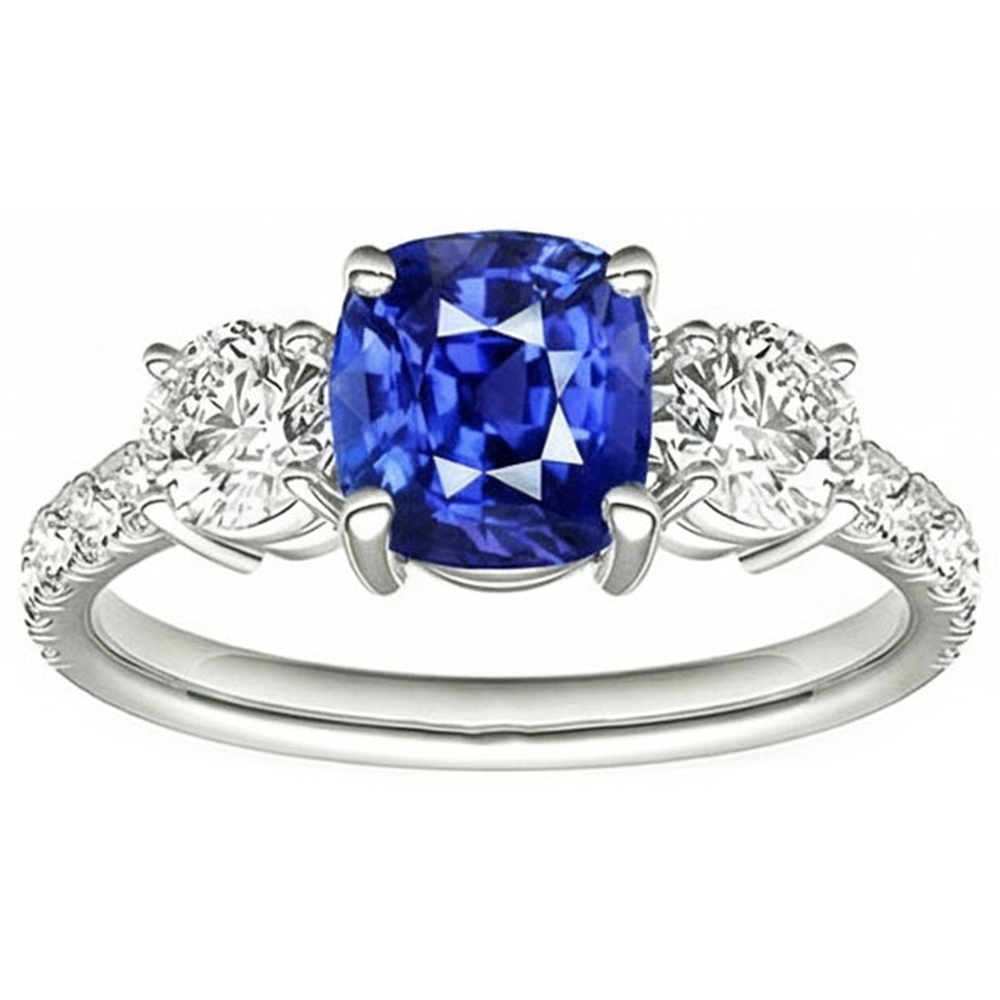 Blauer Saphir & Runder Diamant Ring 3,50 Karat 3 Steine Stil Schmuck