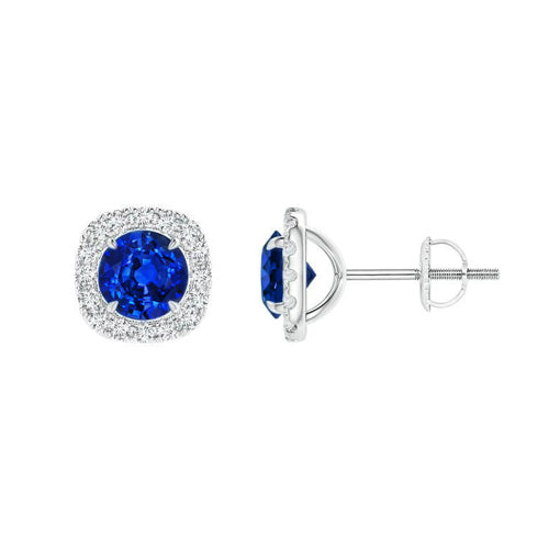 Blauer Runder Saphir und Halo Diamant Ohrstecker