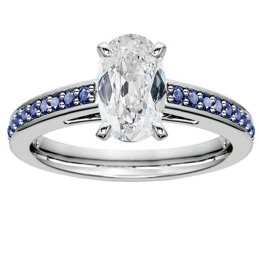 Blauer Saphir Old Cut Oval Natürliche Diamant Ring 7 Karat Schmuck