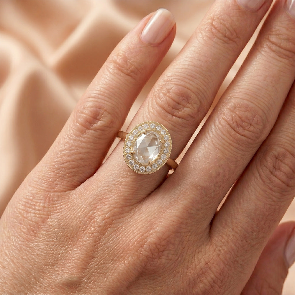 Brillant Rosen-Schliff Halo-Fassung Ring 2 Karat in 14 Karat