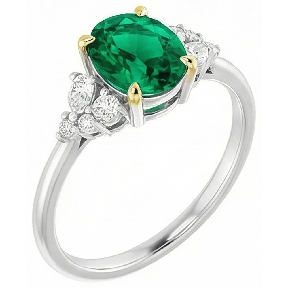 Oval-Schliff Smaragd Ring in 14 Karat Zweifarbig Gold – Schrägansicht