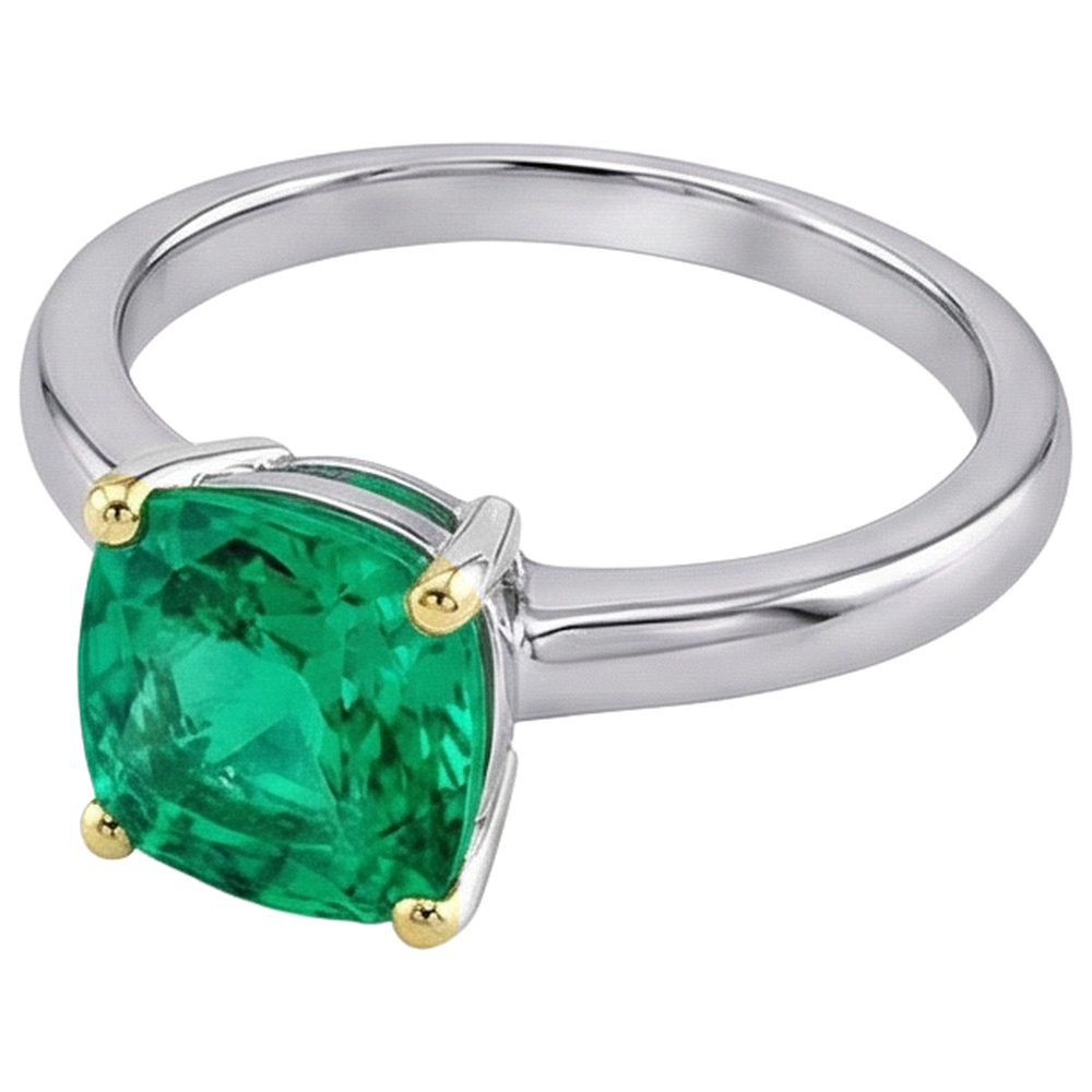 Smaragd Cushion Edelstein-Ring in Bicolor 14K Gold – Schrägansicht